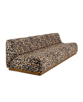 Armless Modular Sofa with Wood Plinth Base and 70s Style Animal Print