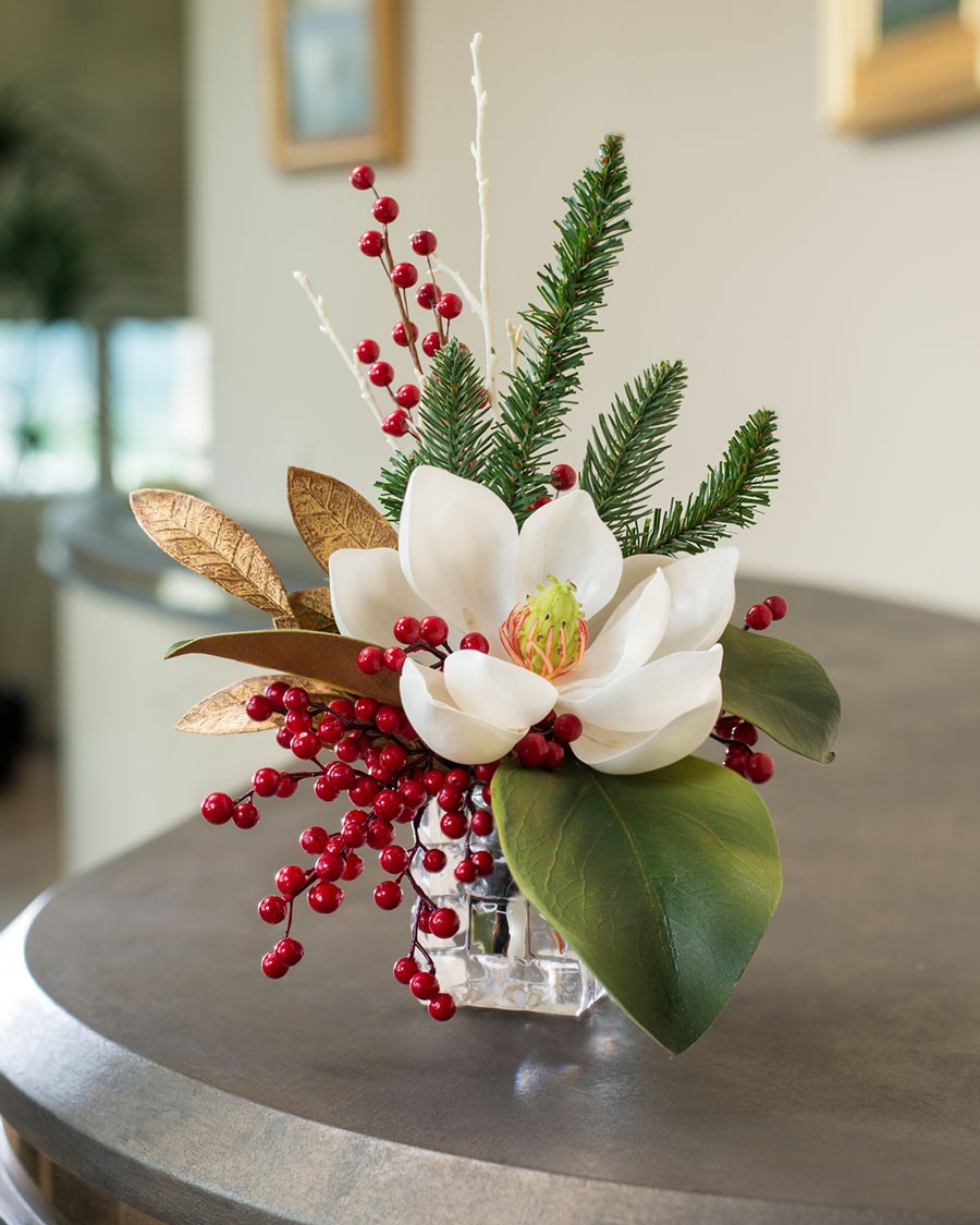 Artificial Floral: Faceted Glass Vase with Gold Toned Leaves