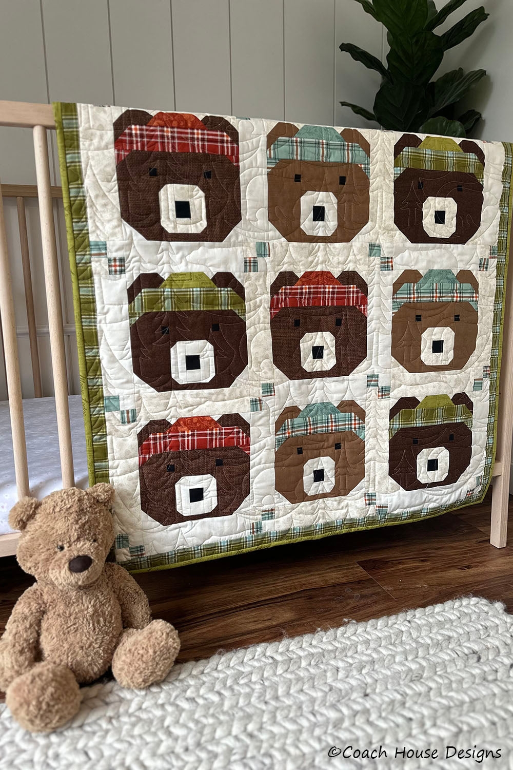 Baby Quilt Bear Face Patchwork Sage Green Woodland Nursery Quilt