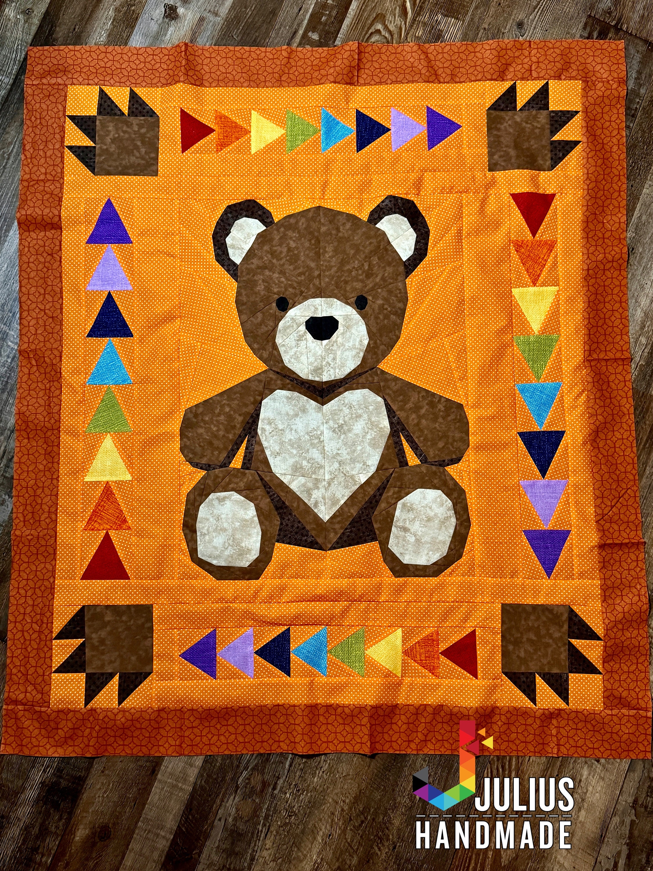 Baby Quilt Heart Patch Detail Rainbow Triangles Teddy Bear Quilt