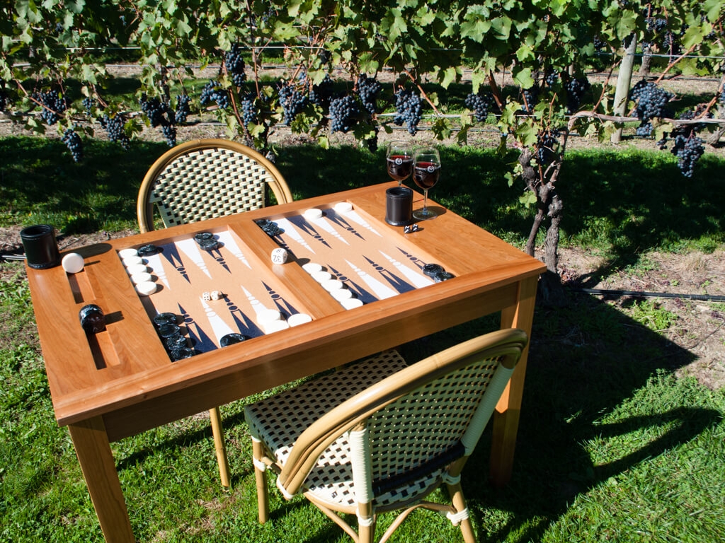 Backgammon Table with Side Storage Slots and Bistro Chair Pairing
