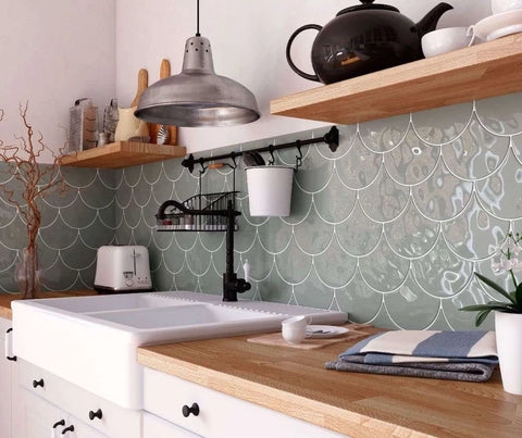 Backsplash Tile Sage Green Fish Scale Pattern Glossy Finish