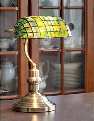 Banker Lamp with Stained Glass Shade and Antique Brass Finish
