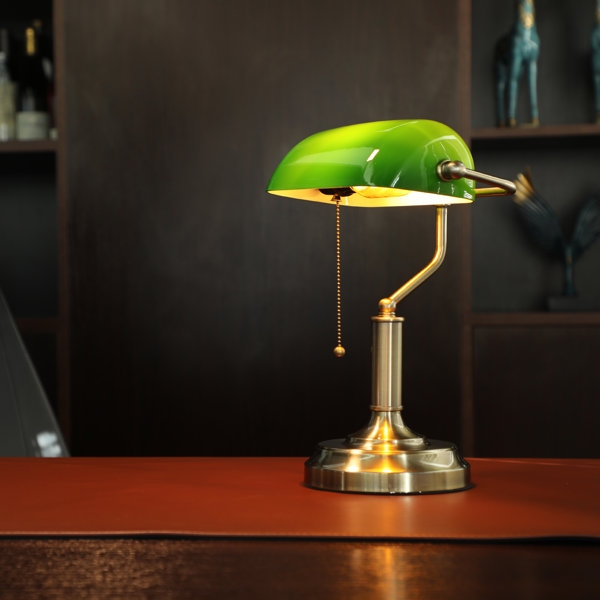 Bankers Lamp with Emerald Glass Shade and Beaded Pull Chain