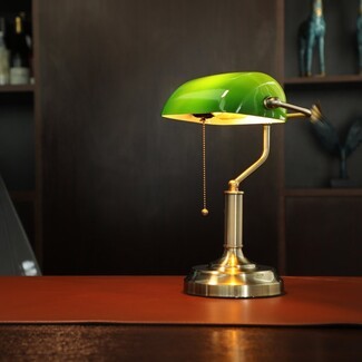 Bankers Lamp with Emerald Glass Shade and Beaded Pull Chain