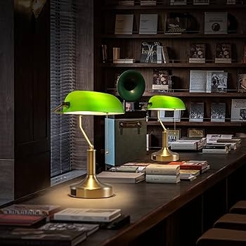 Bankers Lamp with Vintage Silhouette and Metallic Finished Stem
