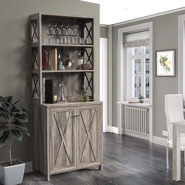 Bar Cabinet Ash Brown X-Frame Stemware Rack Sideboard