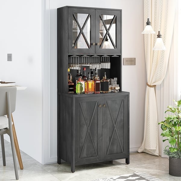 Bar Cabinet Charcoal Gray X-Frame Hutch Sideboard