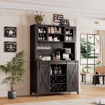 Bar Cabinet Espresso Black Sliding Barn Door Hutch Set