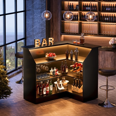 Bar Cabinet L-Shaped Matte Black LED Interior Shelving