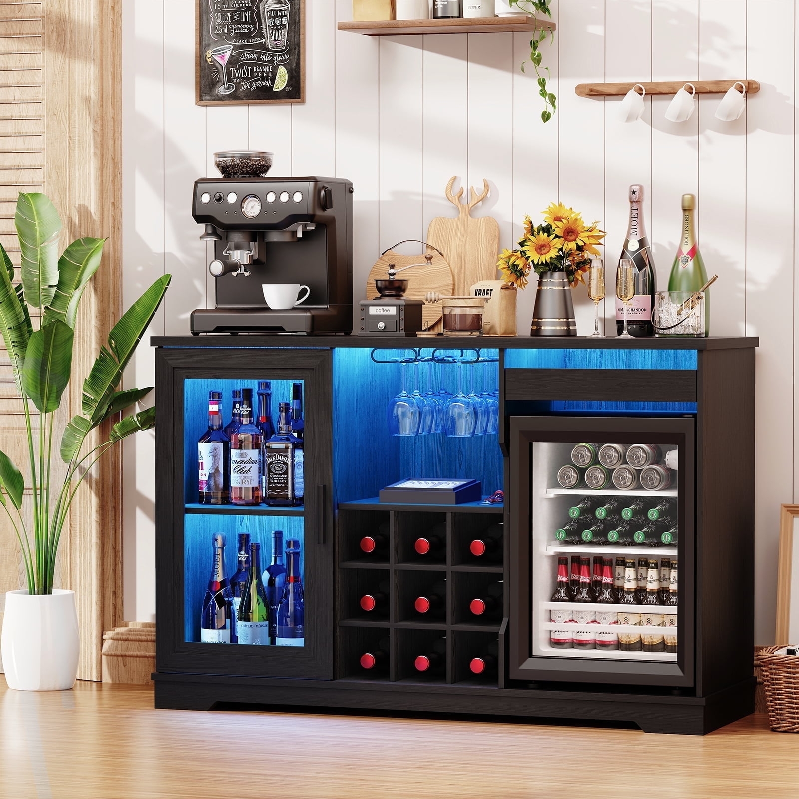 Bar Cabinet Matte Black Integrated Mini Fridge LED