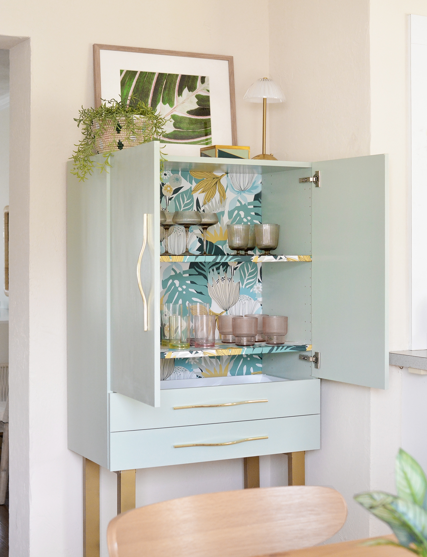 Bar Cabinet Mint Green Botanical Wallpaper Furniture Hack