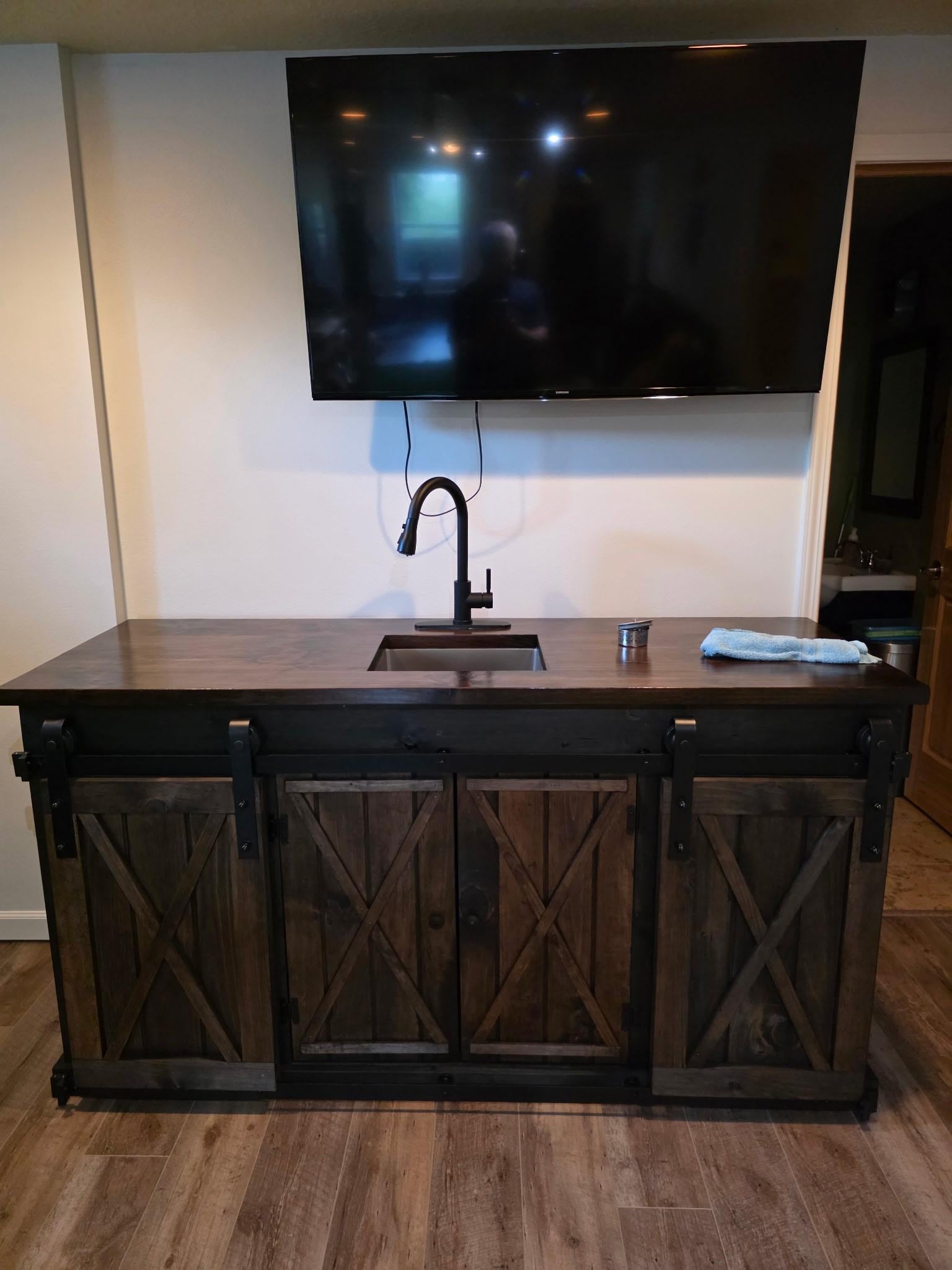 Bar Cabinet Rustic Pine Sliding Barn Doors with Sink