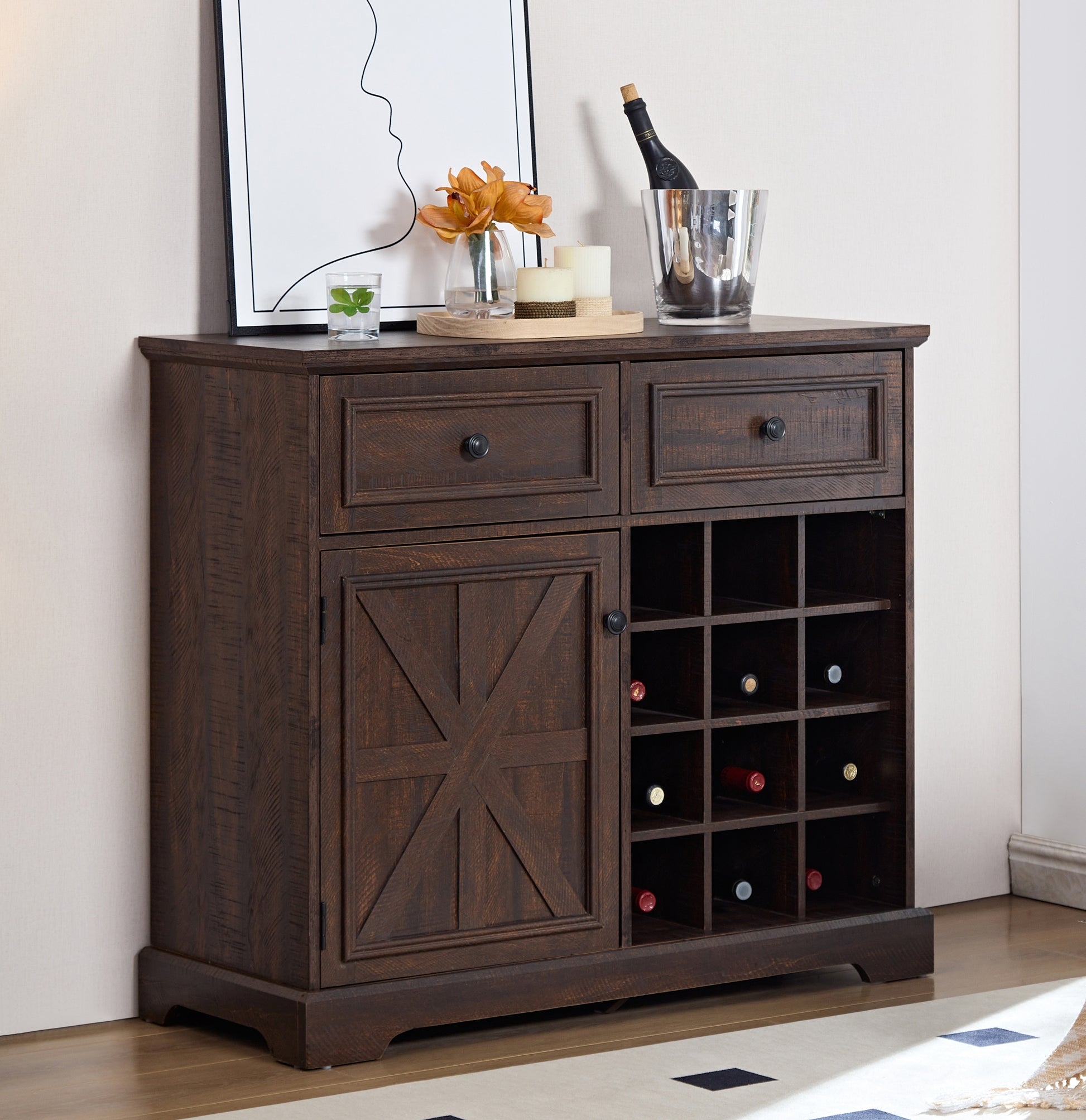 Bar Cabinet Walnut Finish Sixteen Bottle Grid Sideboard