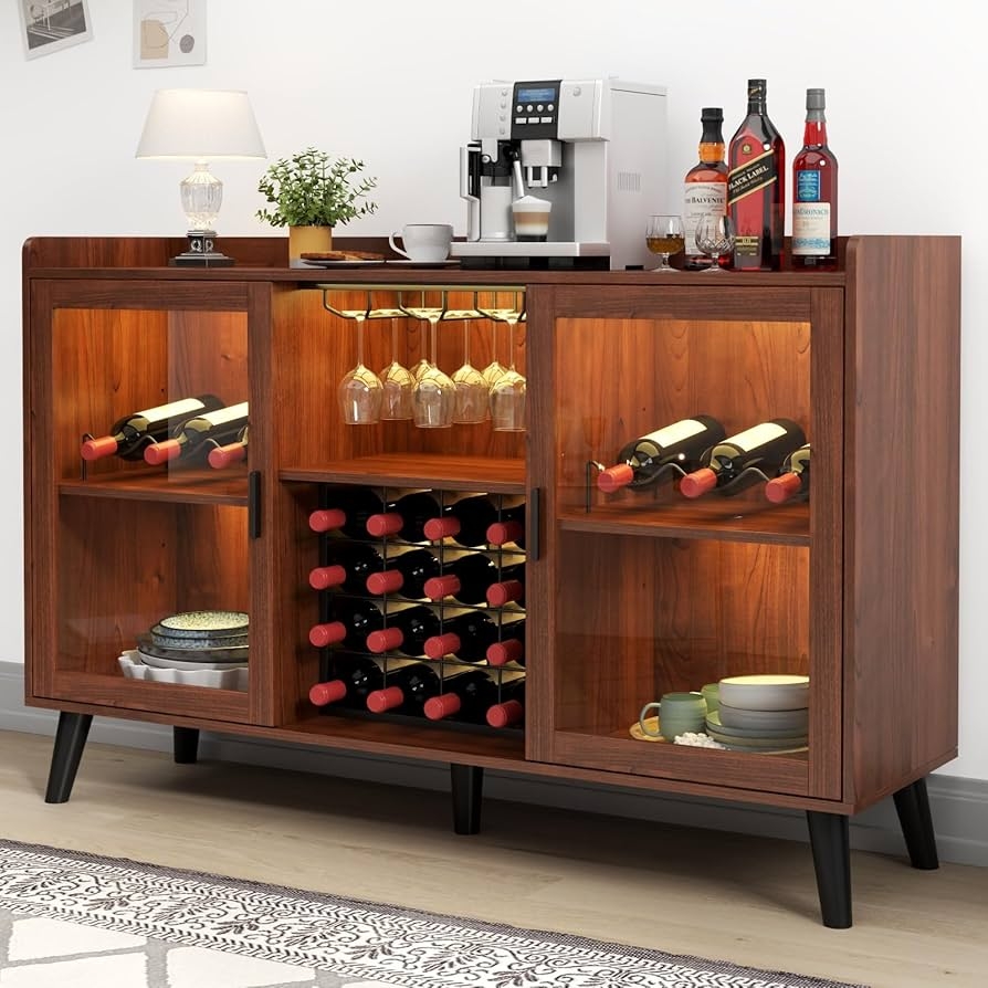 Bar Cabinet Walnut Tapered Legs Integrated LED Wine Rack