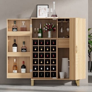 Bar Cabinet with Carved Door Panel and Light Wood Liquor Storage