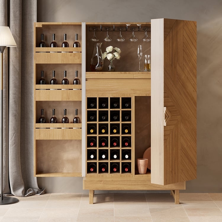 Bar Cabinet with Chevron Patterned Door and Honey Oak Bar
