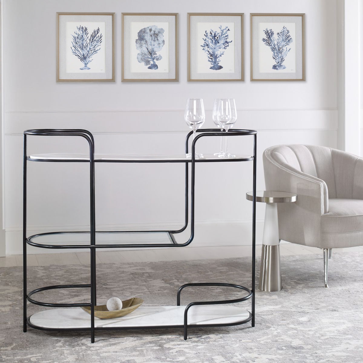 Bar Console Tubular Black Frame Asymmetrical Tiers Bar Cart