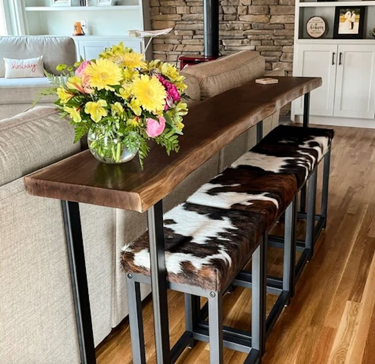 Bar Height Console: Cowhide Stools Walnut Live Edge Console Set