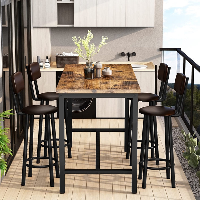 Bar Set With Distressed Wood Grain Industrial Pub Style