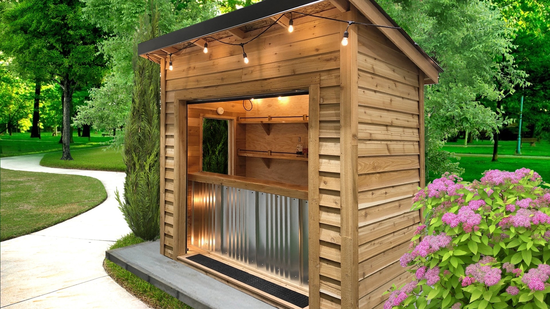 Bar Shed Compact 5x9 Footprint with String Lights