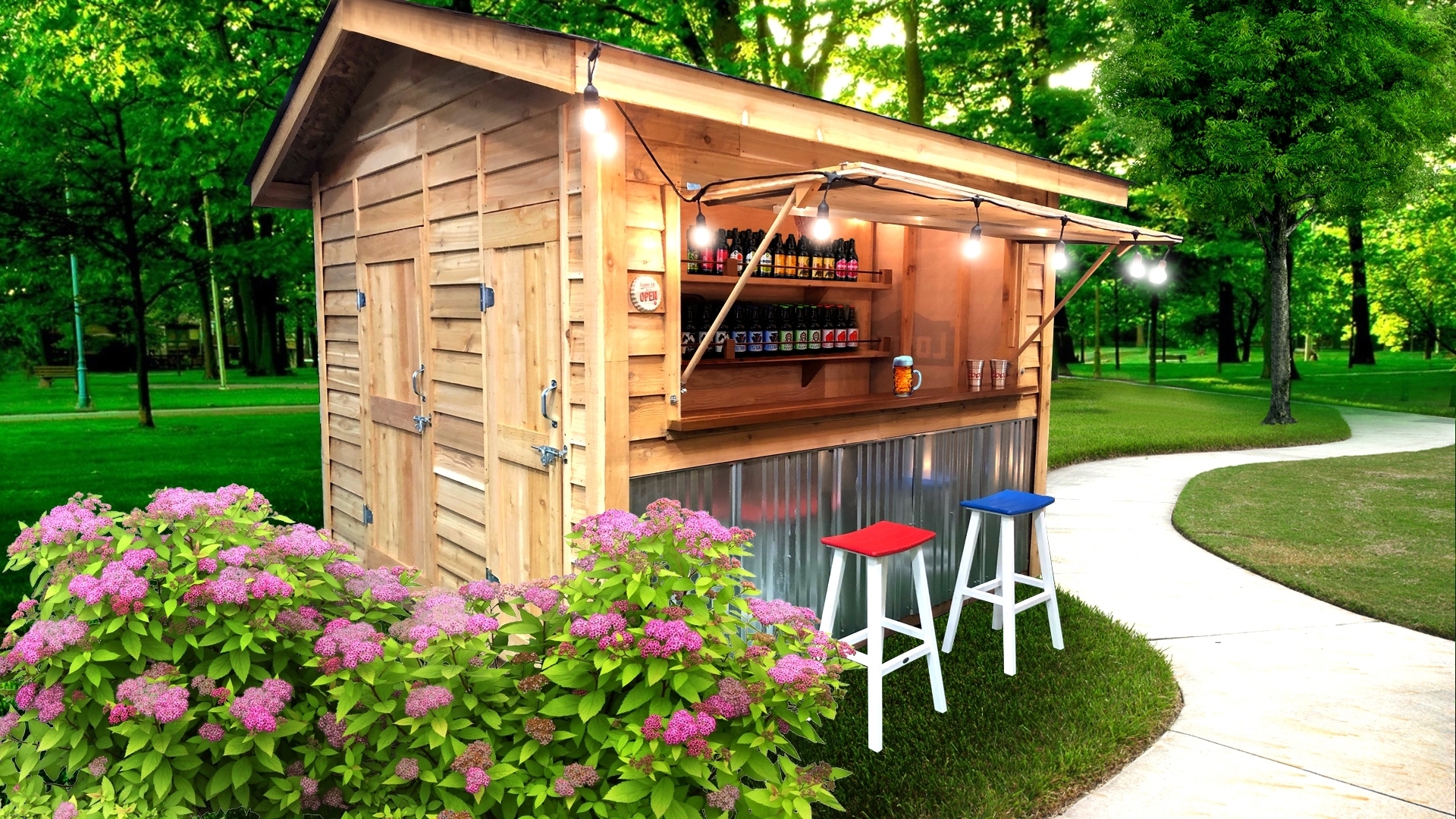 Bar Shed Corrugated Metal Front with Fold-Up Hatch
