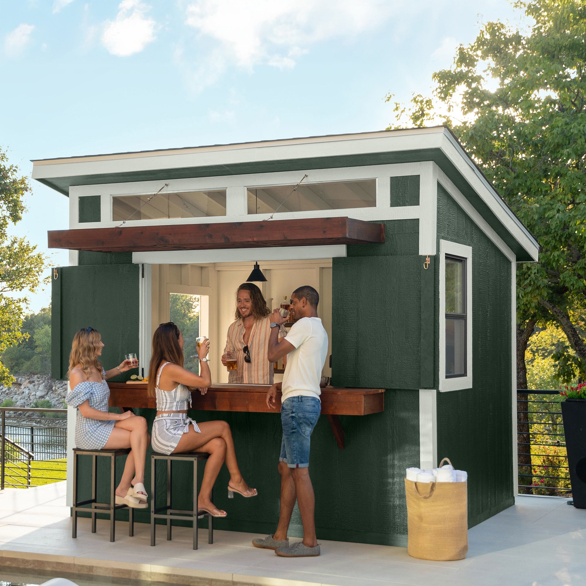 Bar Shed Forest Green Bifold Shutters Poolside Idea