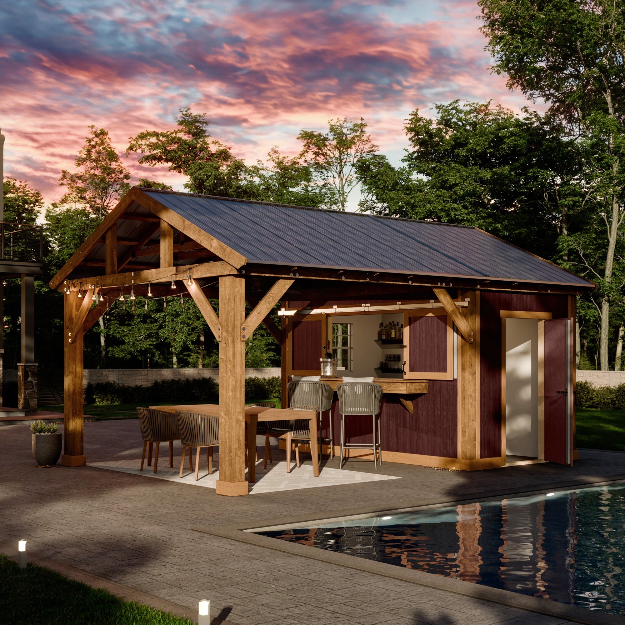 Bar Shed Pavilion Timber Beam Accents Poolside Hub