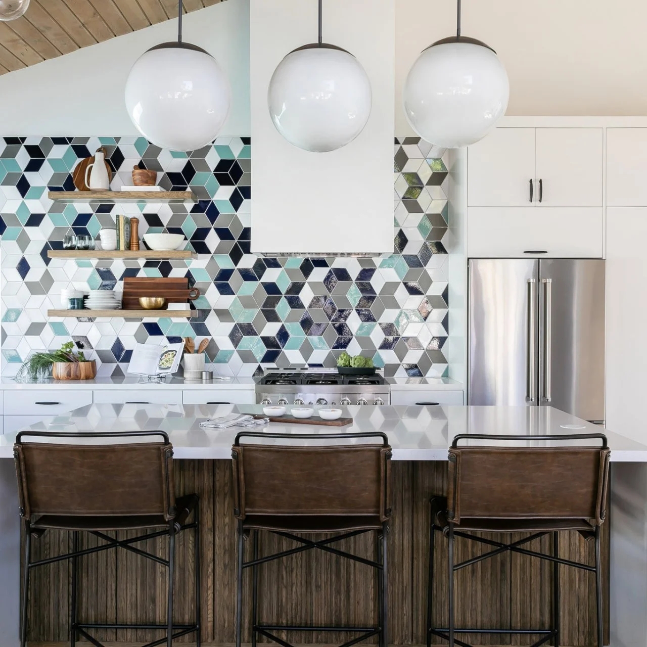Bar Stool Cognac Upholstery and Midcentury Geometric Kitchen Tile