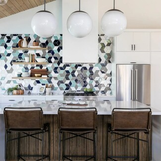 Bar Stool Cognac Upholstery and Midcentury Geometric Kitchen Tile