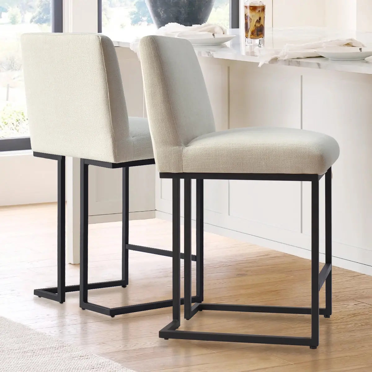 Bar Stool featuring Slim Profile with Warm Beige Upholstery