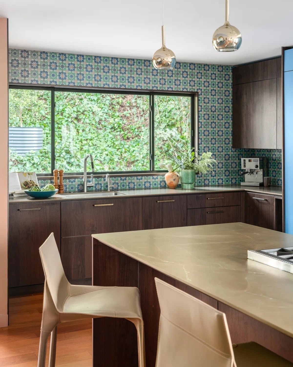 Bar Stool Tan Minimalist Design and Blue Floral Backsplash Tile