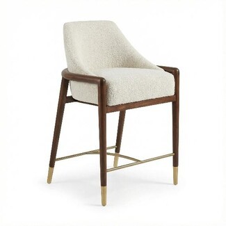 Bar Stool With Boucle Upholstery and Brass Leg Caps
