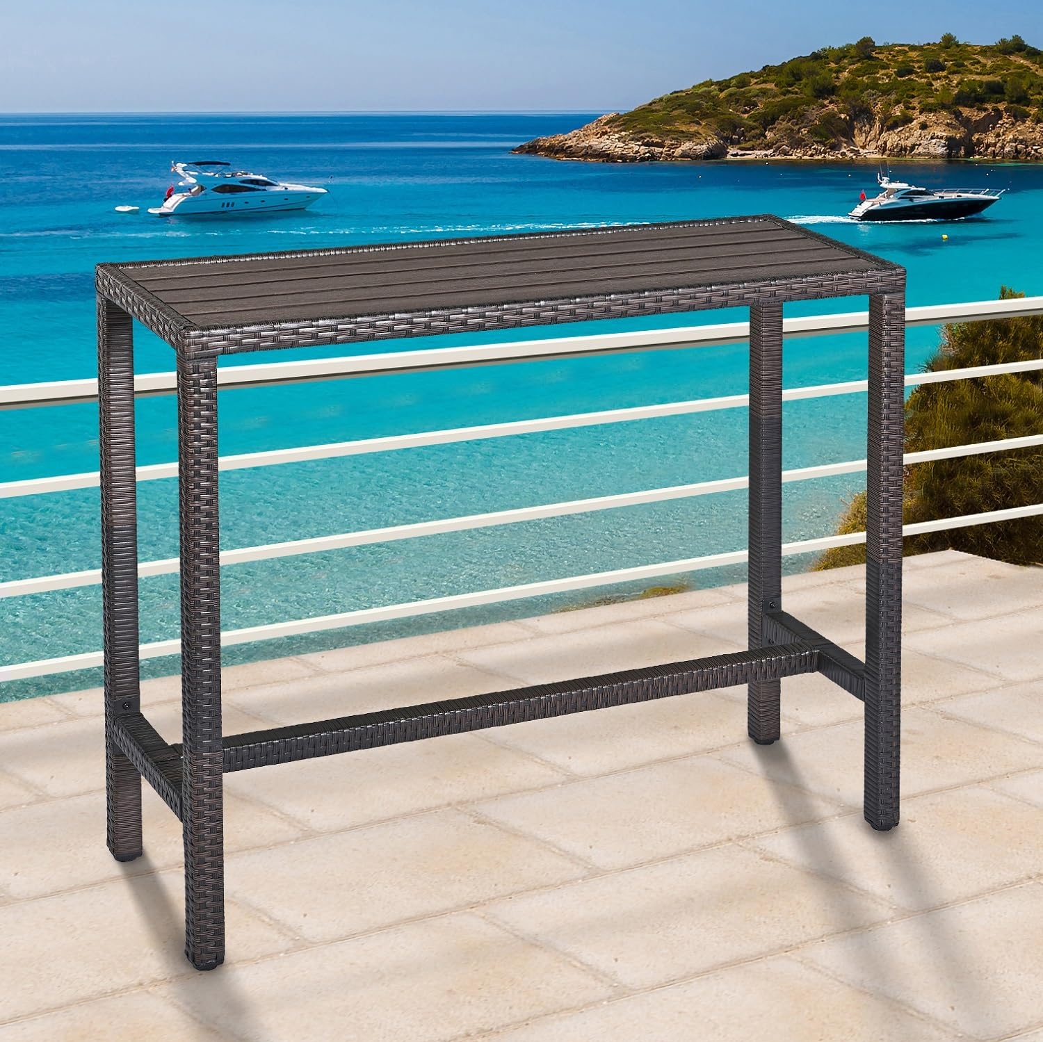 Bar Table: Espresso Wicker Base Slatted Top Coastal Patio Console Table