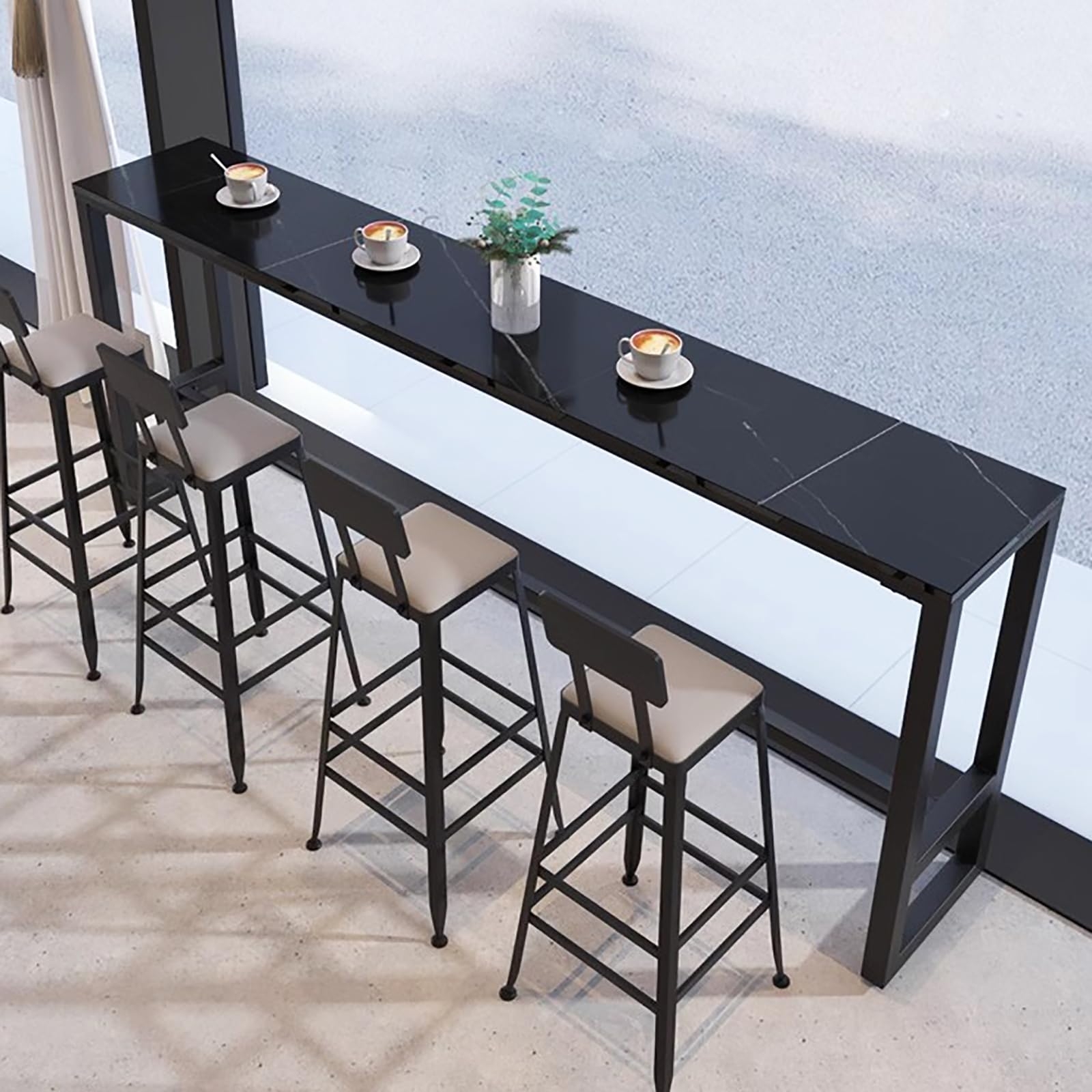 Bar Table: Matte Black Marble Effect Narrow Window Side Breakfast Bar