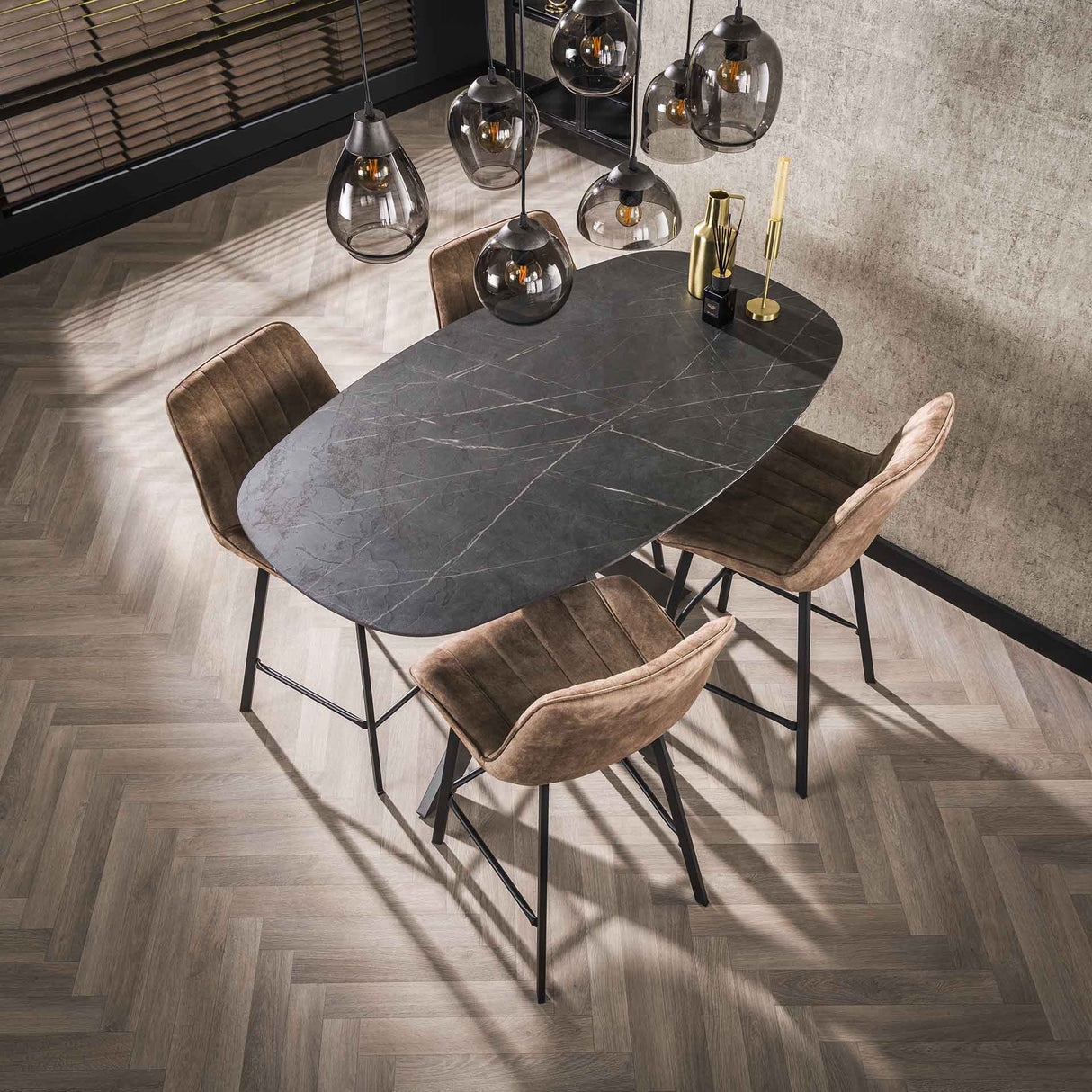 Bar Table Oval Ceramic Look Top and Cognac Ribbed Bar Stools