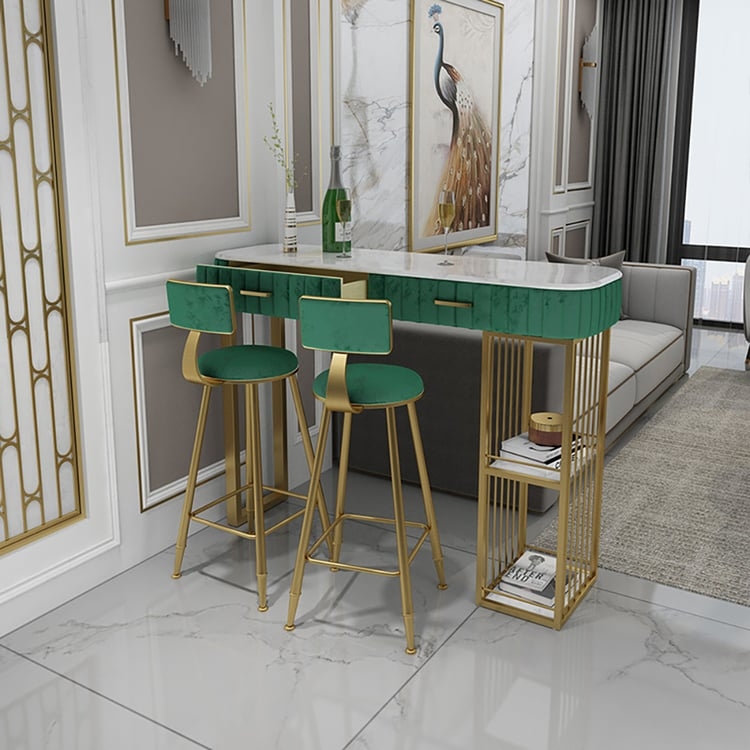 Bar Table Set Fluted Emerald Base Gold Cage Shelving Bar Set