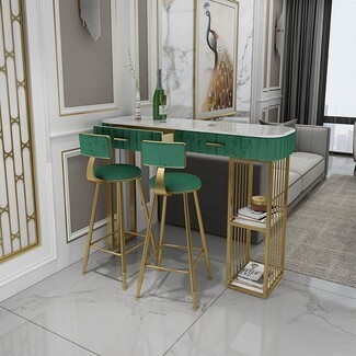 Bar Table Set Fluted Emerald Base Gold Cage Shelving Bar Set
