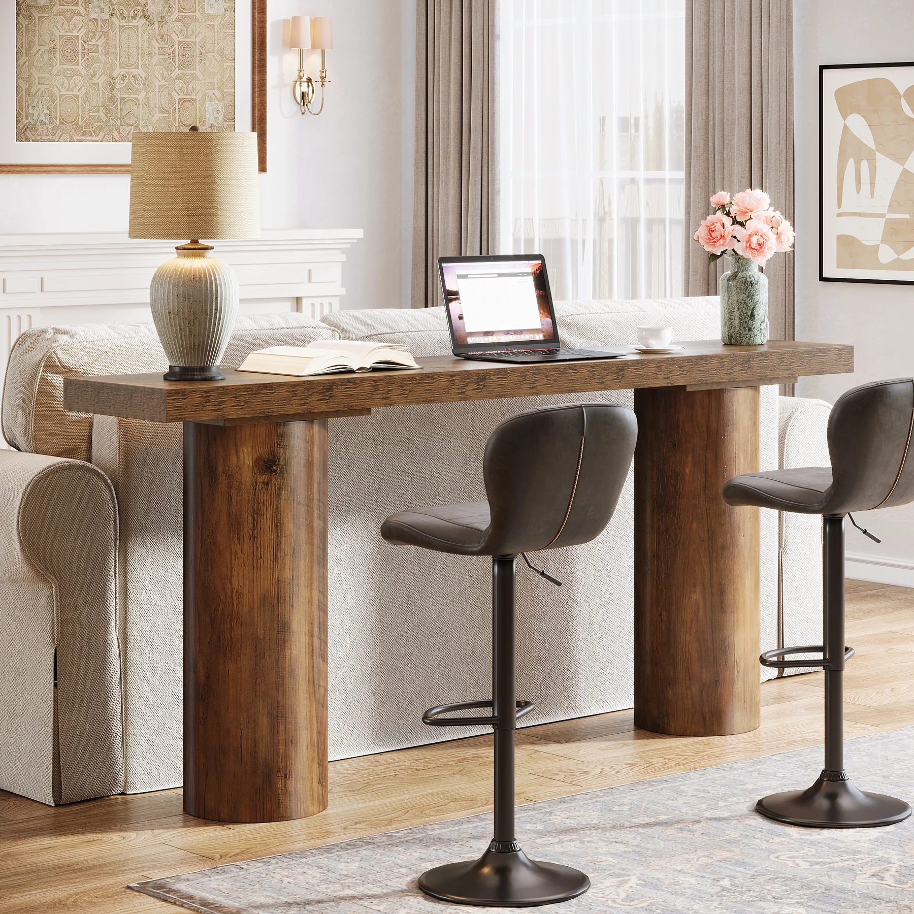 Bar Table: Walnut Wood Pillar Legs Pillar Leg Console Table