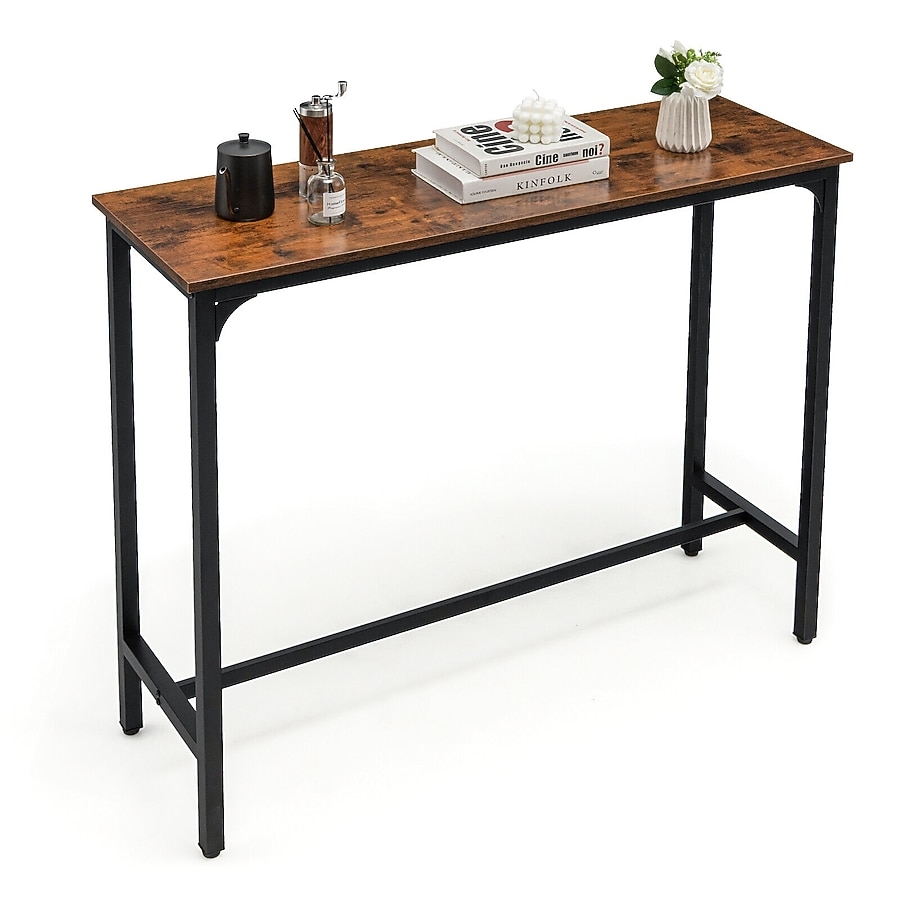 Bar Table: Warm Brown Footrest Rail High Top Console Table