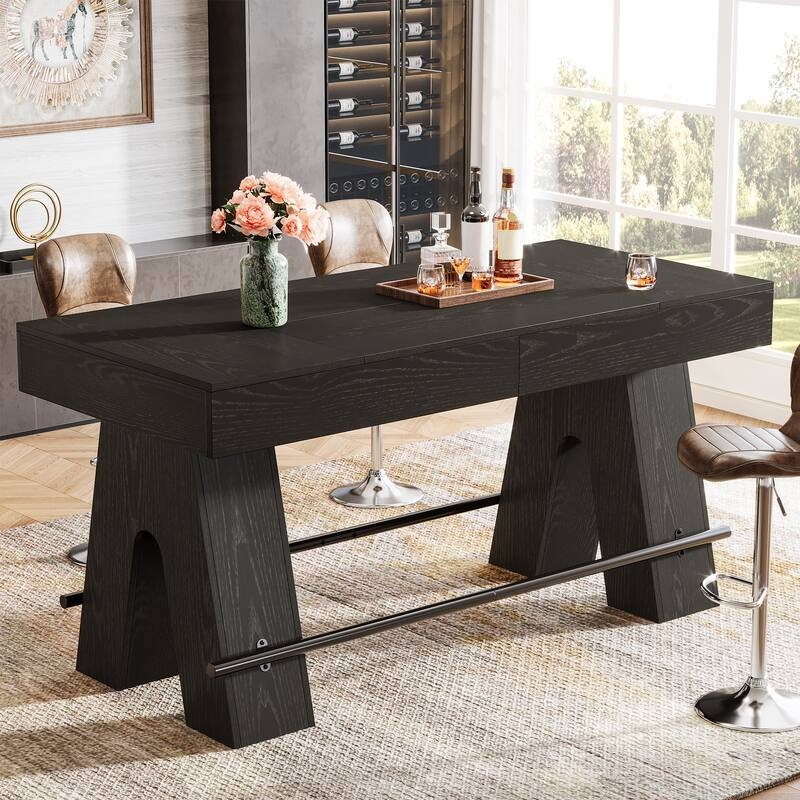 Bar Table Wood Grain Finish Trapezoid Pedestal Base Black Bar Table