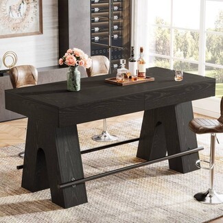 Bar Table Wood Grain Finish Trapezoid Pedestal Base Black Bar Table