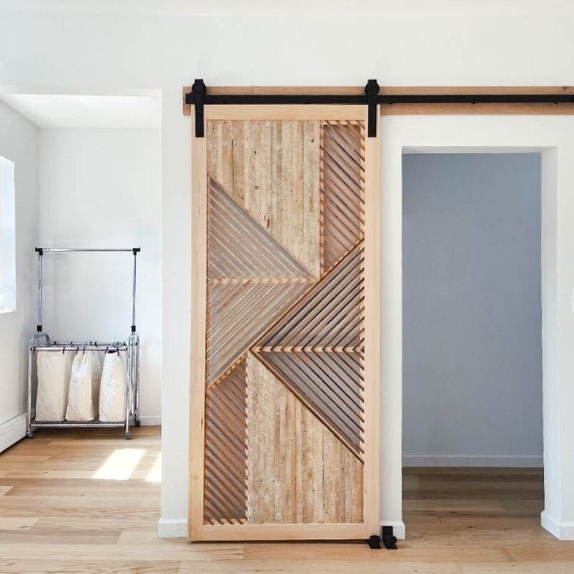 Barn Door Geometric Pattern Slatted Panels In Light Wood