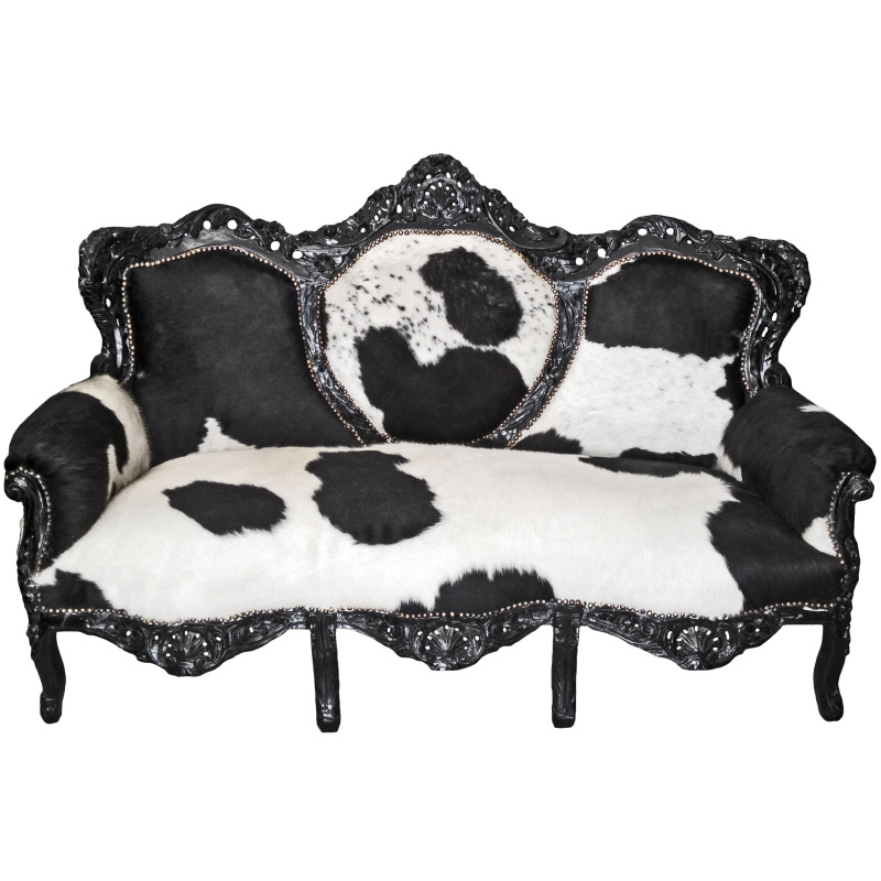 Baroque Sofa with Ornate Black Frame and Real Hide