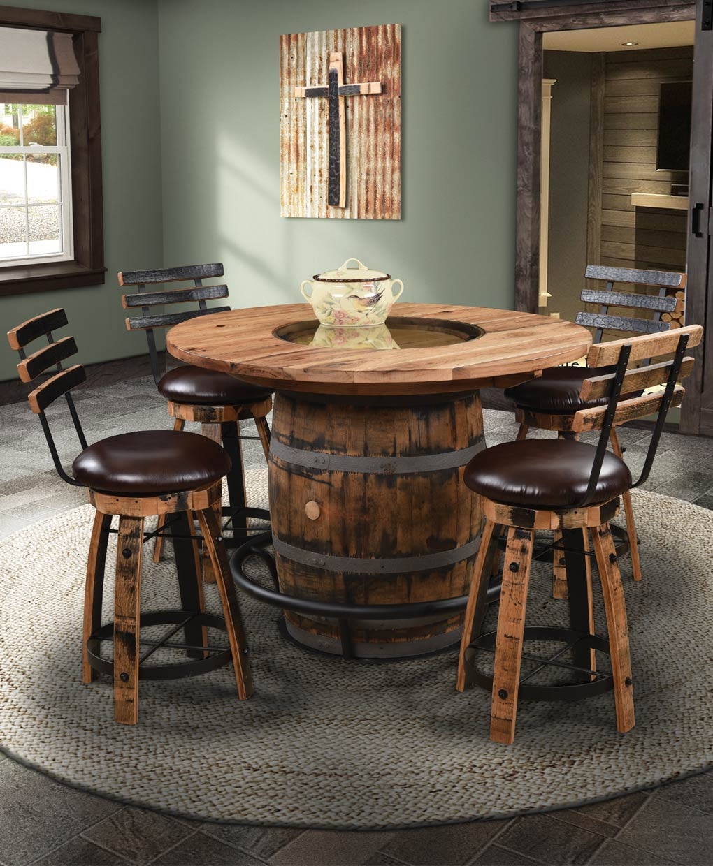 Barrel Dining Set featuring a Pedestal and Glass Top