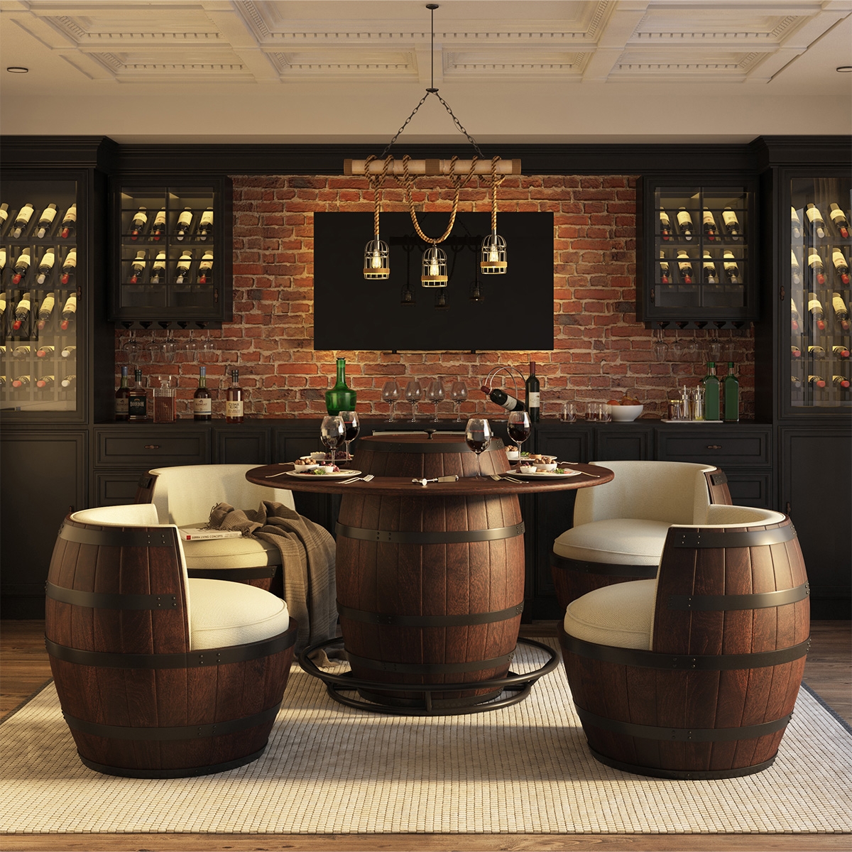 Barrel Dining Set using Cream Upholstery and Hoop Accents