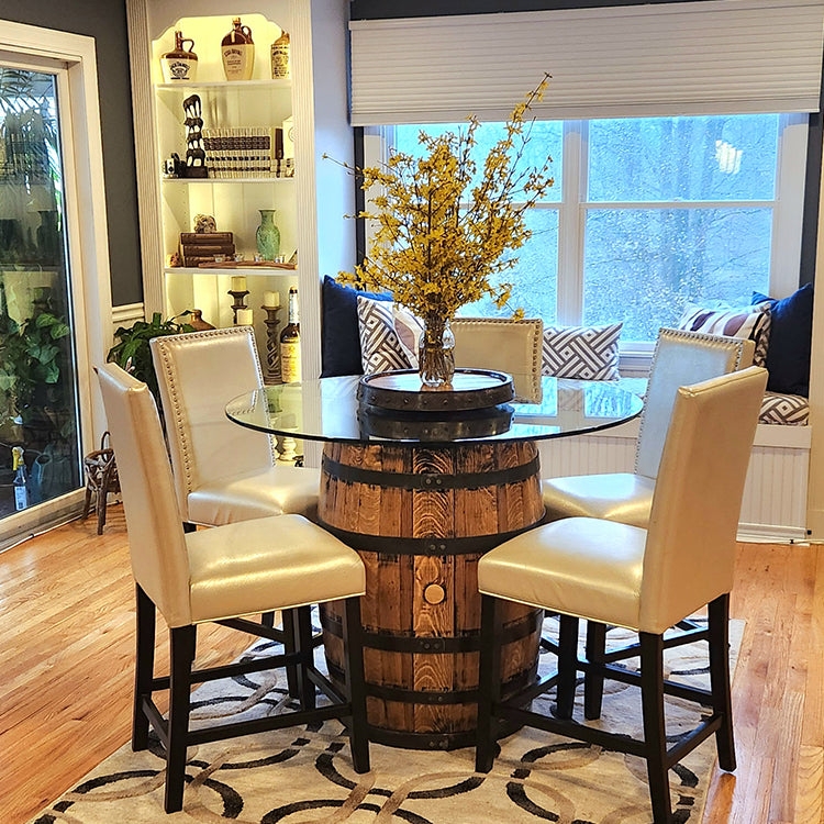 Barrel Dining Table with Glass Top and Nailhead Trim
