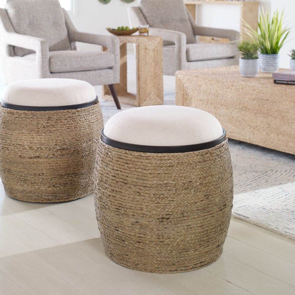 Barrel Ottoman Braided Fiber Base Dark Rim Accent Stool
