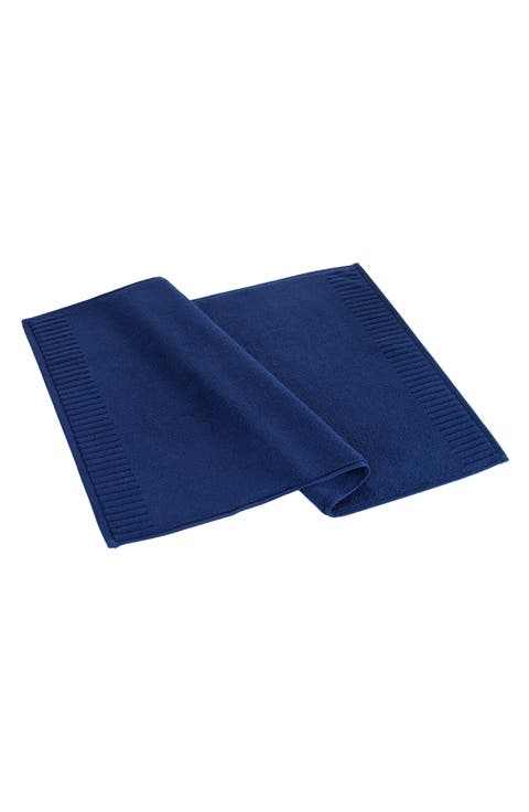 Bath Rug Ribbed Border Navy Blue Plush Pile Classic Decor