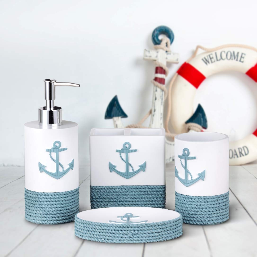 Bathroom Accessory Set 3D Anchor Relief Nautical Blue